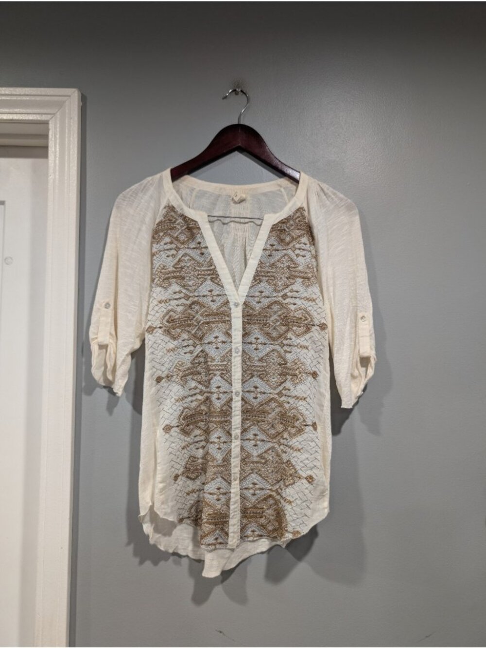 Anthropologie By Tiny Silk/Cotton Blend Embroidered Button Front Top Size M